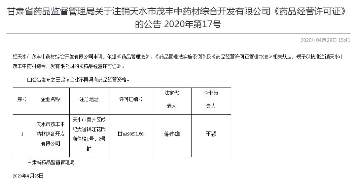 甘肅省藥監局核準注銷天水茂豐藥品經營許可證