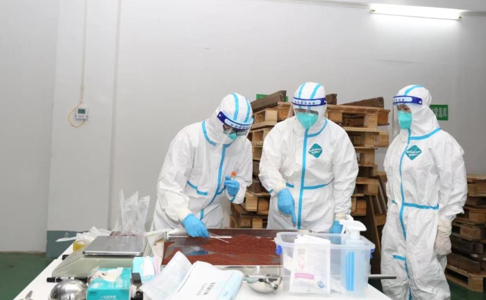 抽樣人員正在對所抽樣品進行核酸檢測取樣（陳淑賢 攝）