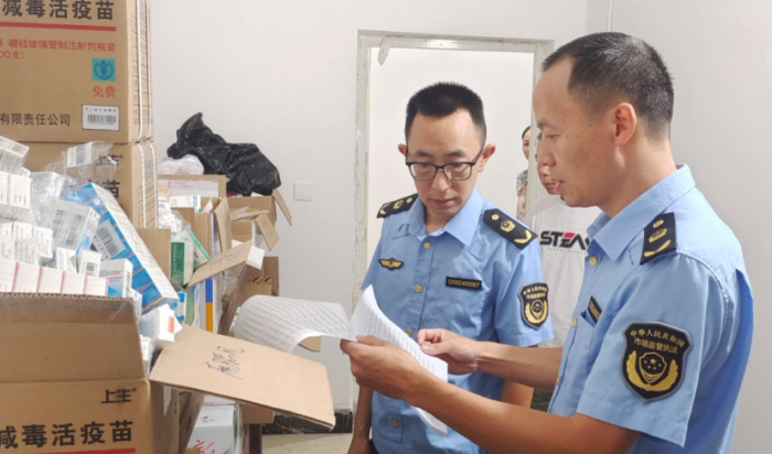 圖為新田縣市場監管局執法人員清點報廢疫苗實物。